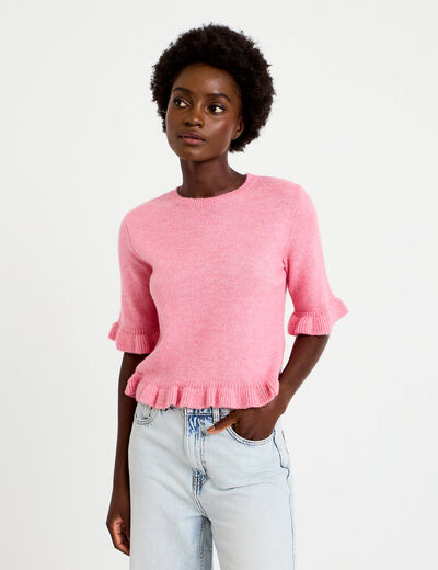 Pull col rond manches courtes rose clair femme