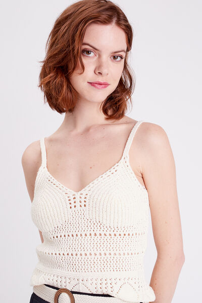 Pull débardeur crochet ecru femme