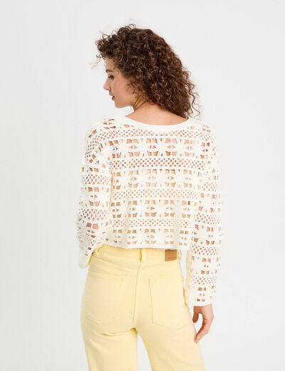 Pull ajouré effet crochet ecru femme