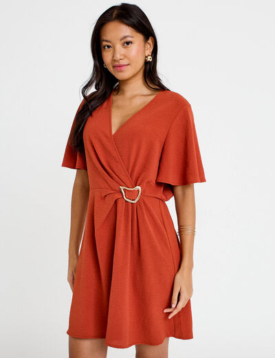Robe courte &eacute;vas&eacute;e col v manches courtes orange fonc&eacute; femme