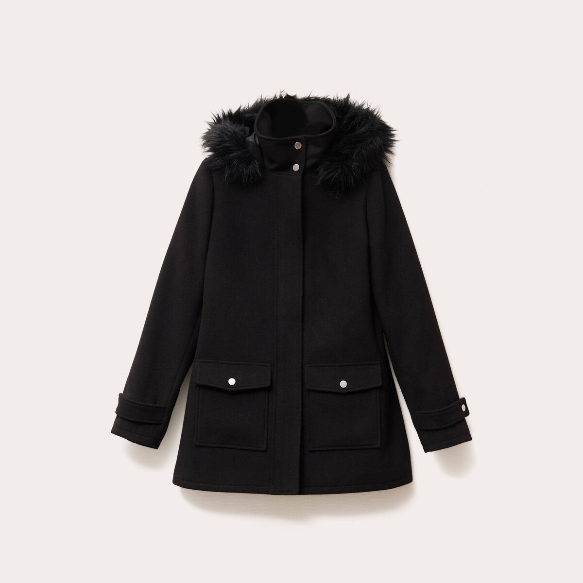 Manteau mi-long &agrave; capuche noir femme