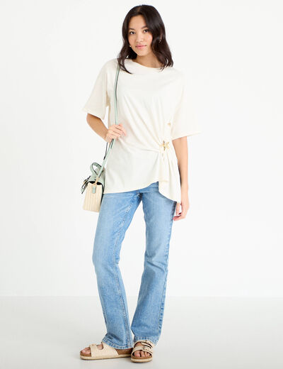 T-shirt &agrave; fronces avec bijou ecru femme