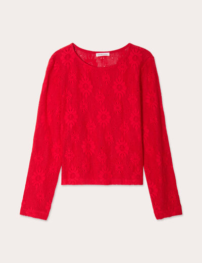 T-shirt ajouré effet crochet rouge femme