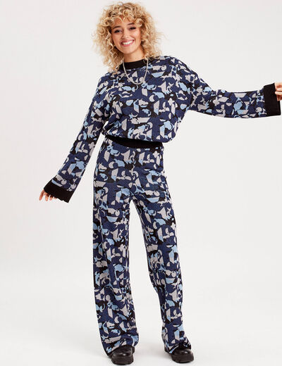 Pull manches longues col rond bleu marine femme