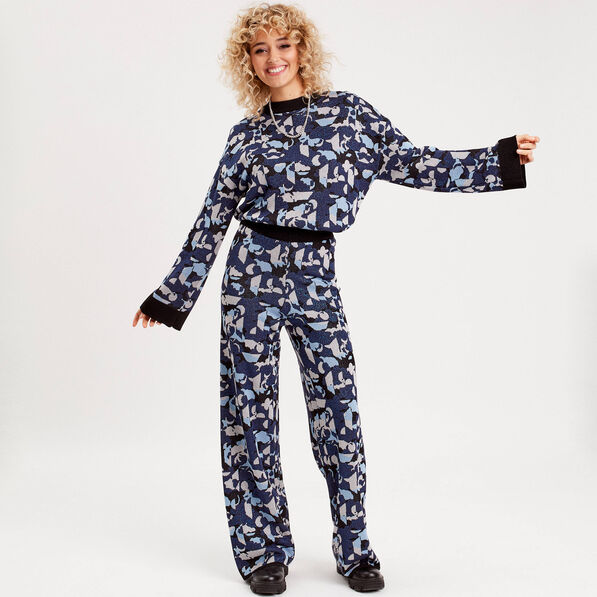 Pull manches longues col rond bleu marine femme
