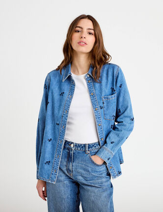 Chemise droite courte manches longues bleu femme