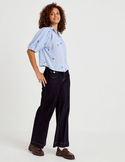 Chemise droite col classique manches 3/4 bleu clair femme