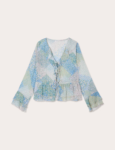 Blouse nouée manches longues bleu pastel femme
