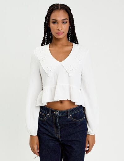 Blouse cropped grand col brod&eacute; ecru femme