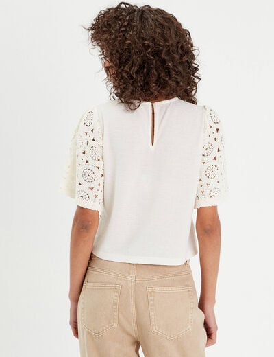 T-shirt macramé col rond ecru femme