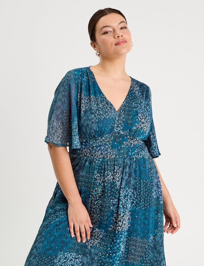 Robe longue évasée col en V bleu foncé femme
