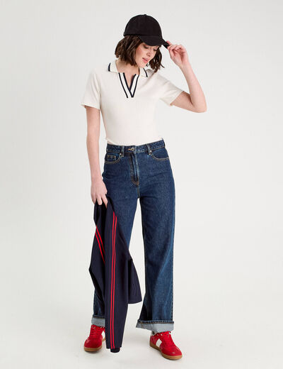 Polo côtelé manches courtes ecru femme