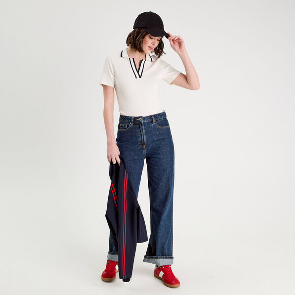 Polo côtelé manches courtes ecru femme