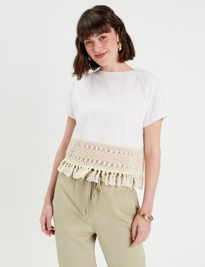 T-shirt franges crochet ecru femme
