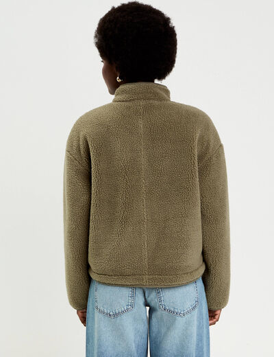 Veste droite courte effet polaire vert kaki femme