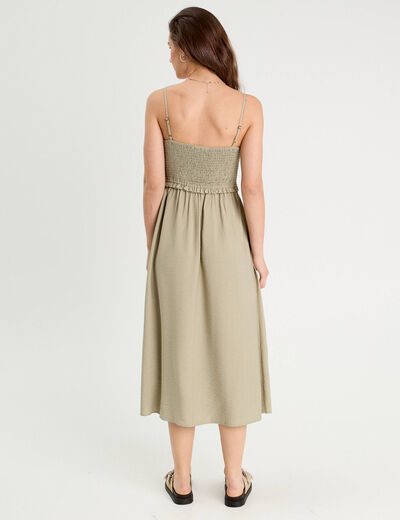 Robe midi évasée smockée vert kaki femme