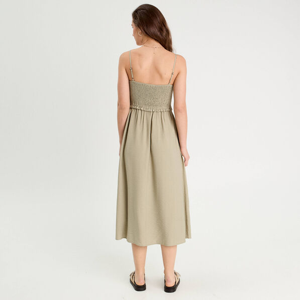 Robe midi évasée smockée vert kaki femme