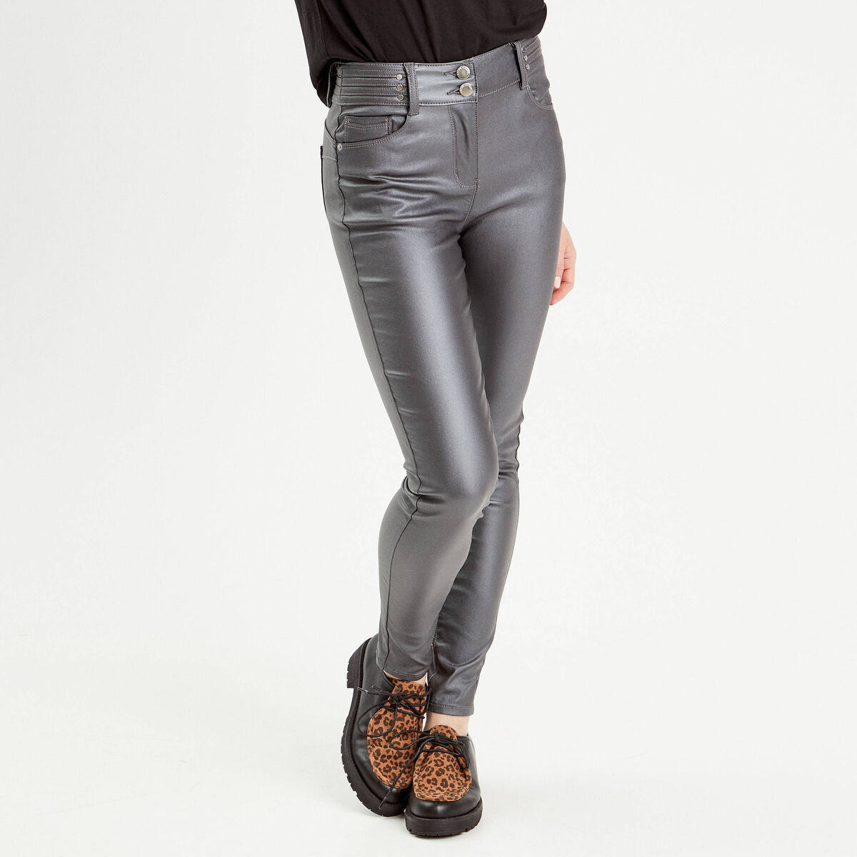 Pantalon skinny enduit gris foncé femme
