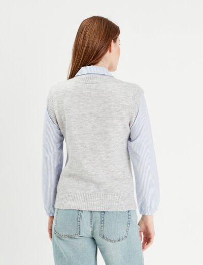 Pull 2-en-1 col en V gris clair femme
