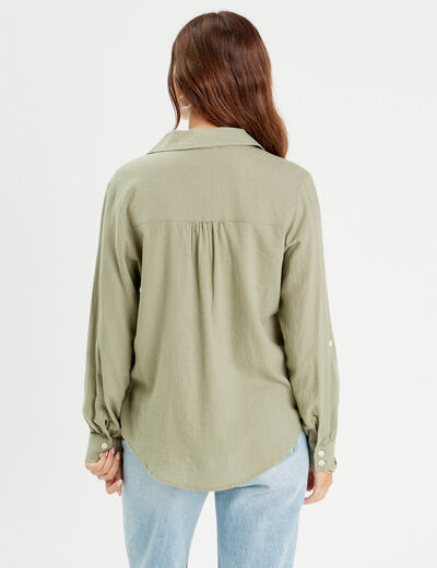 Chemise manches longues contenant du lin vert kaki femme