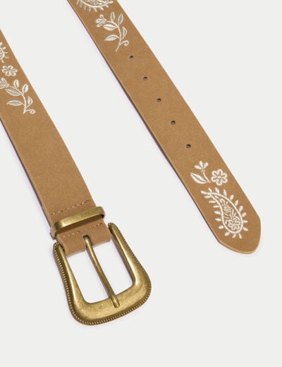 Ceinture large aspect daim broderie beige femme