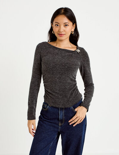 Top cintr&eacute; col bateau manches longues gris fonc&eacute; femme