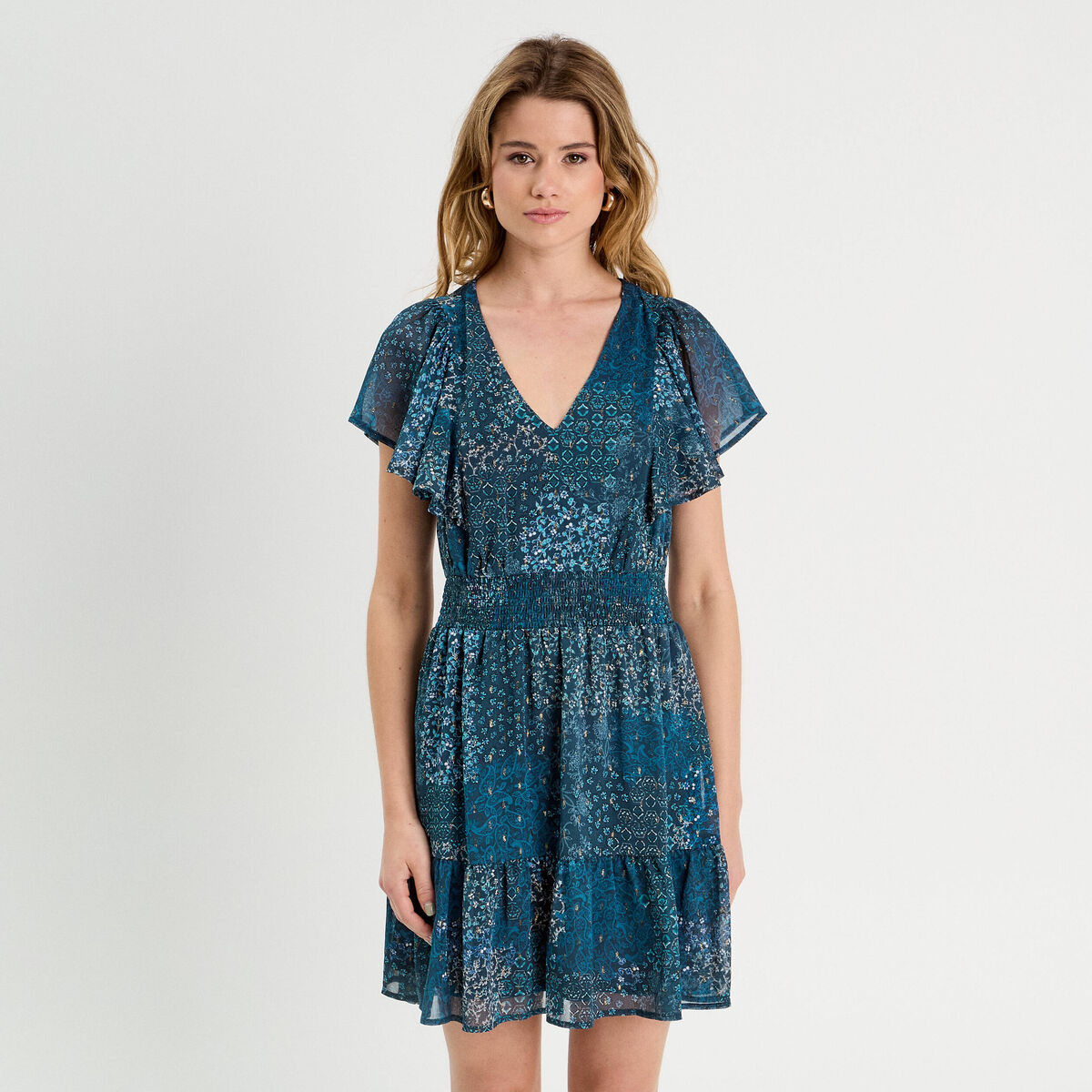Robe évasée taille smockée bleu foncé femme