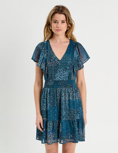 Robe évasée taille smockée bleu foncé femme