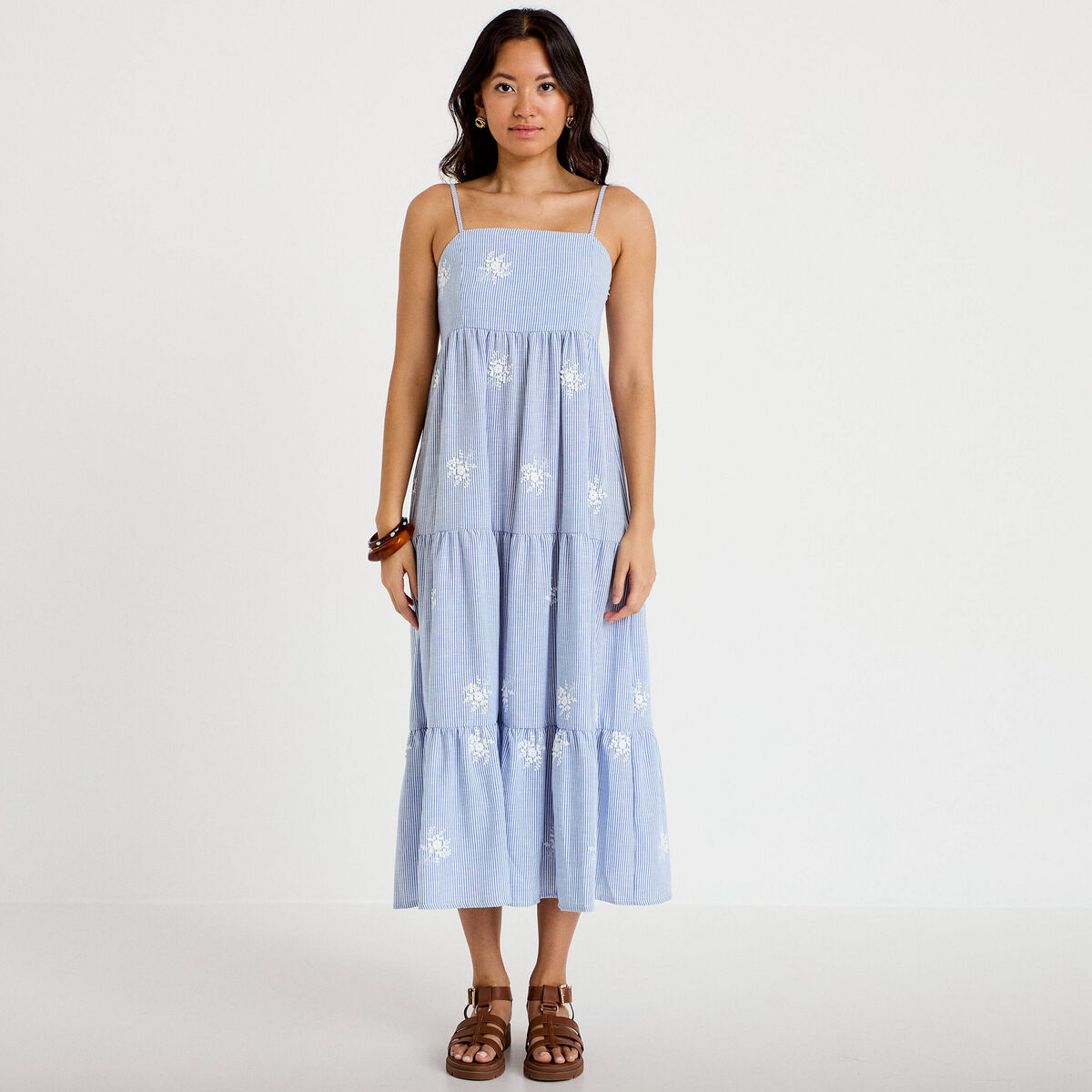 Robe longue &eacute;vas&eacute;e &agrave; fines bretelles blanc femme