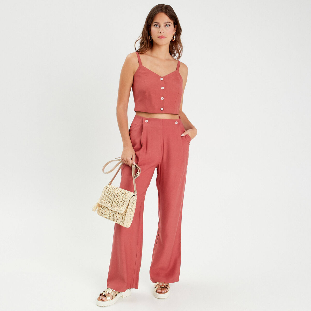 Caraco cropped boutonné vieux rose femme
