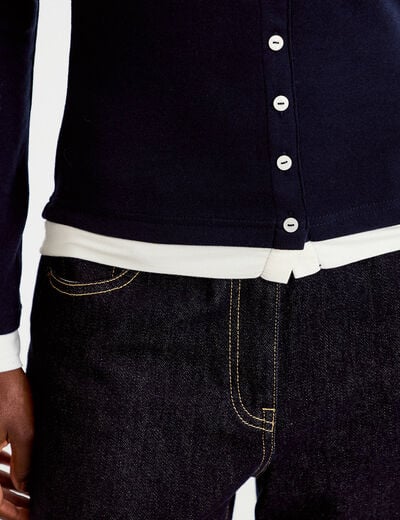 Top col rond manches longues bleu marine femme