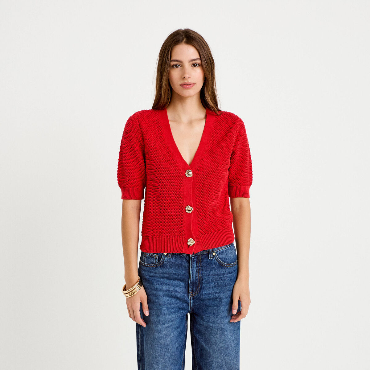 Gilet col v manches courtes rouge femme