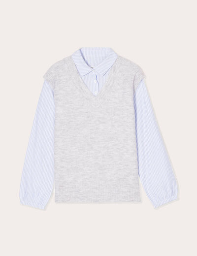 Pull 2-en-1 col en V gris clair femme