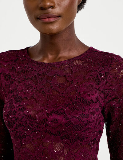 Top ajust&eacute; manches longues dentelle prune femme