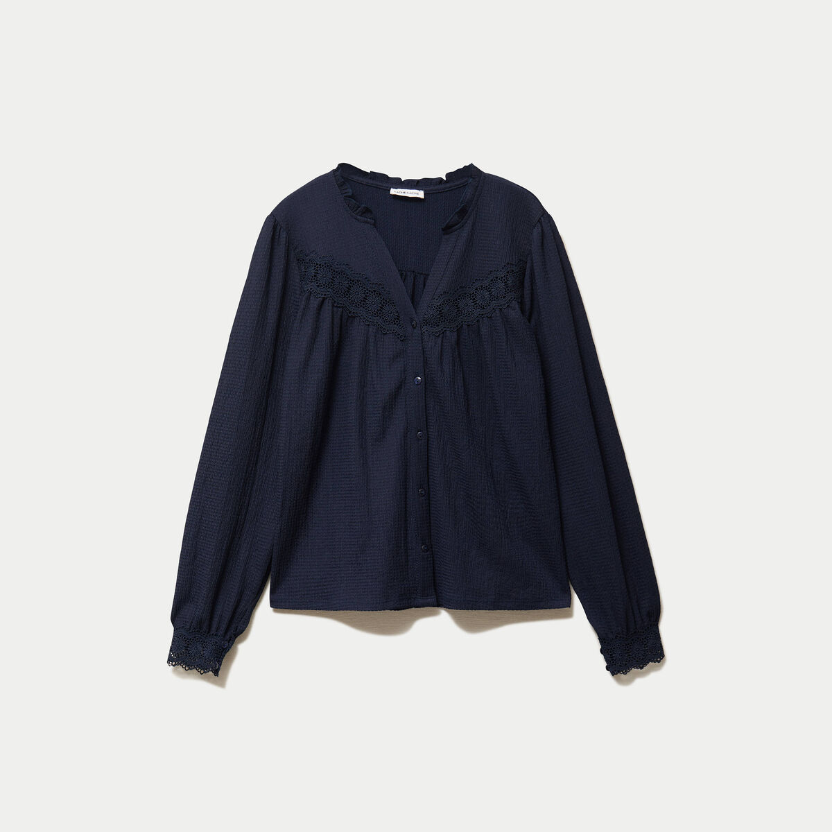 Blouse maille relief&eacute;e bleu marine femme