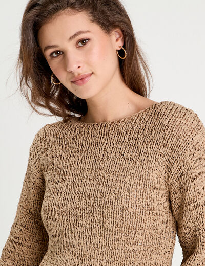 Pull col bateau ajouré beige femme