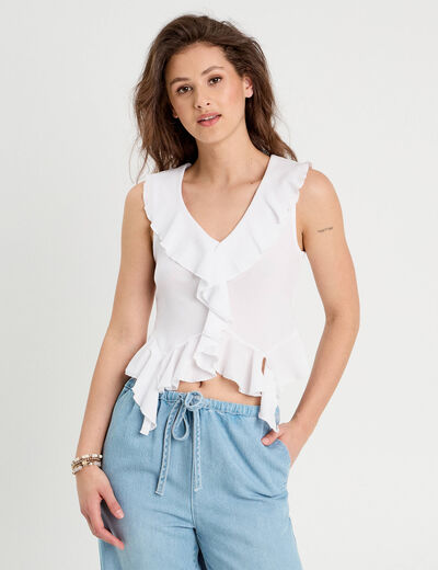 Top sans manches volants blanc femme