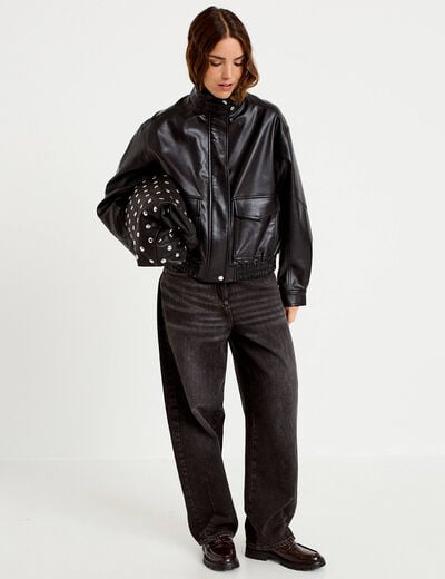 Veste effet boule en similicuir noir femme