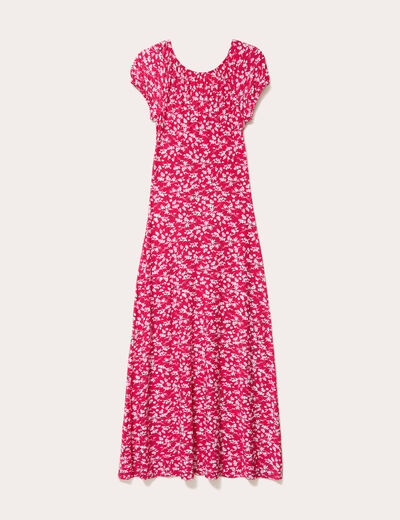 robe longue droite col v manches courtes rose fushia femme