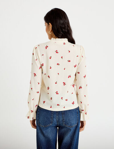 Chemise droite broderie manches longues ecru femme