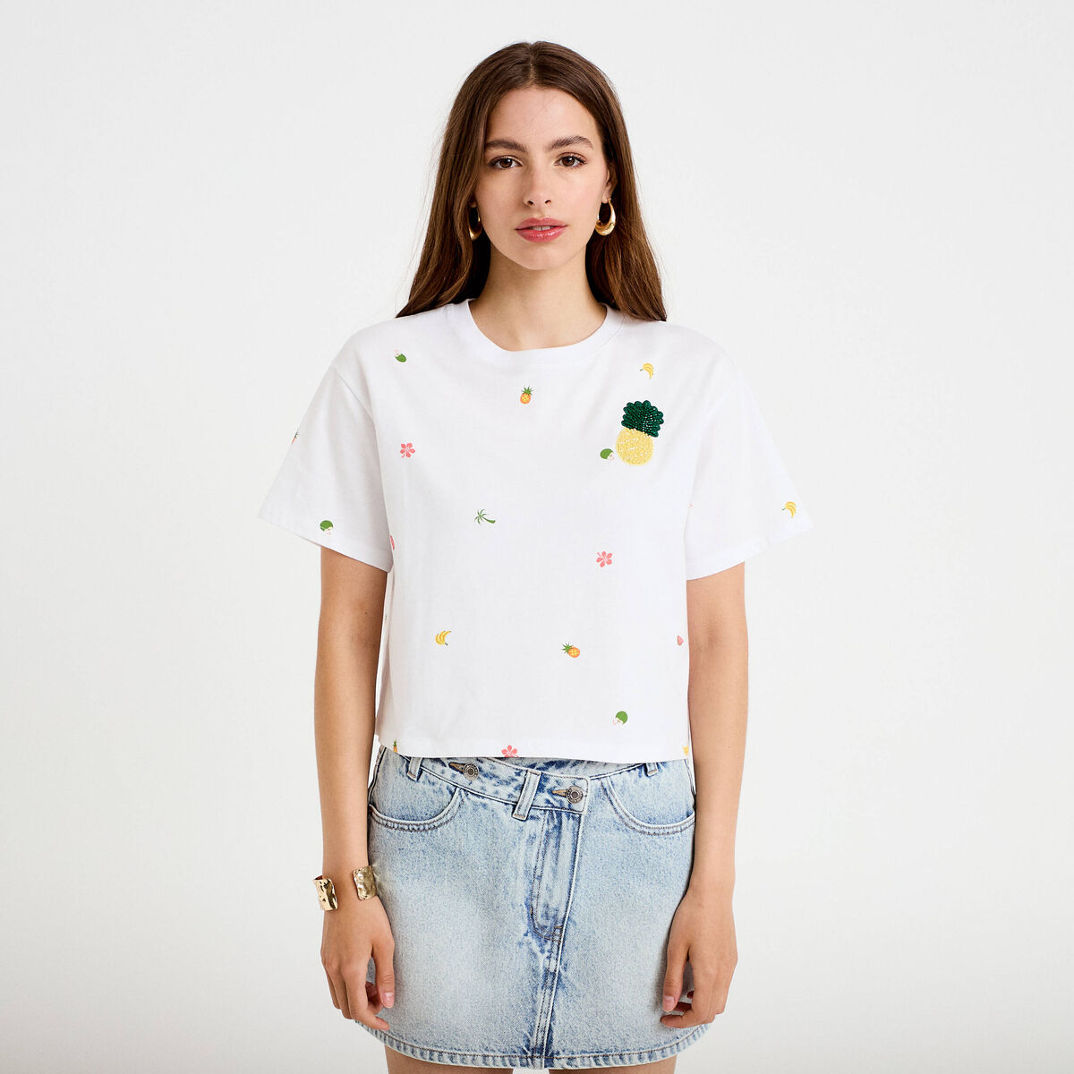 T-shirt droit cropped manches courtes blanc femme