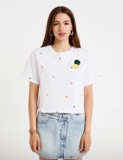T-shirt droit cropped manches courtes blanc femme