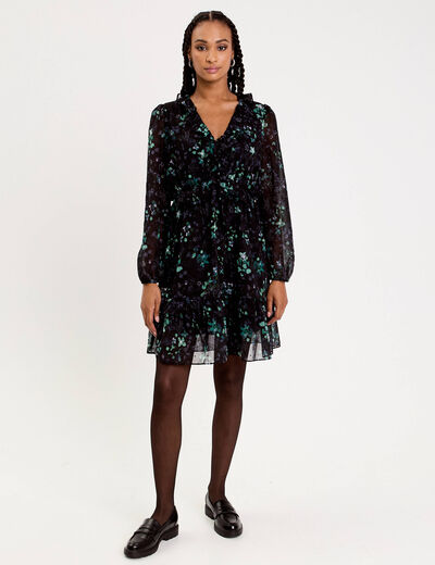 Robe courte &eacute;vas&eacute;e col V manches longues noir femme