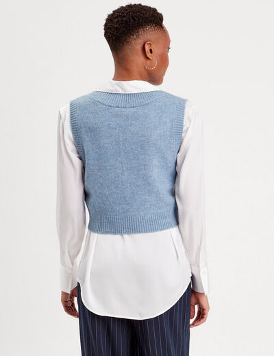 Pull sans manches col en V bleu pastel femme