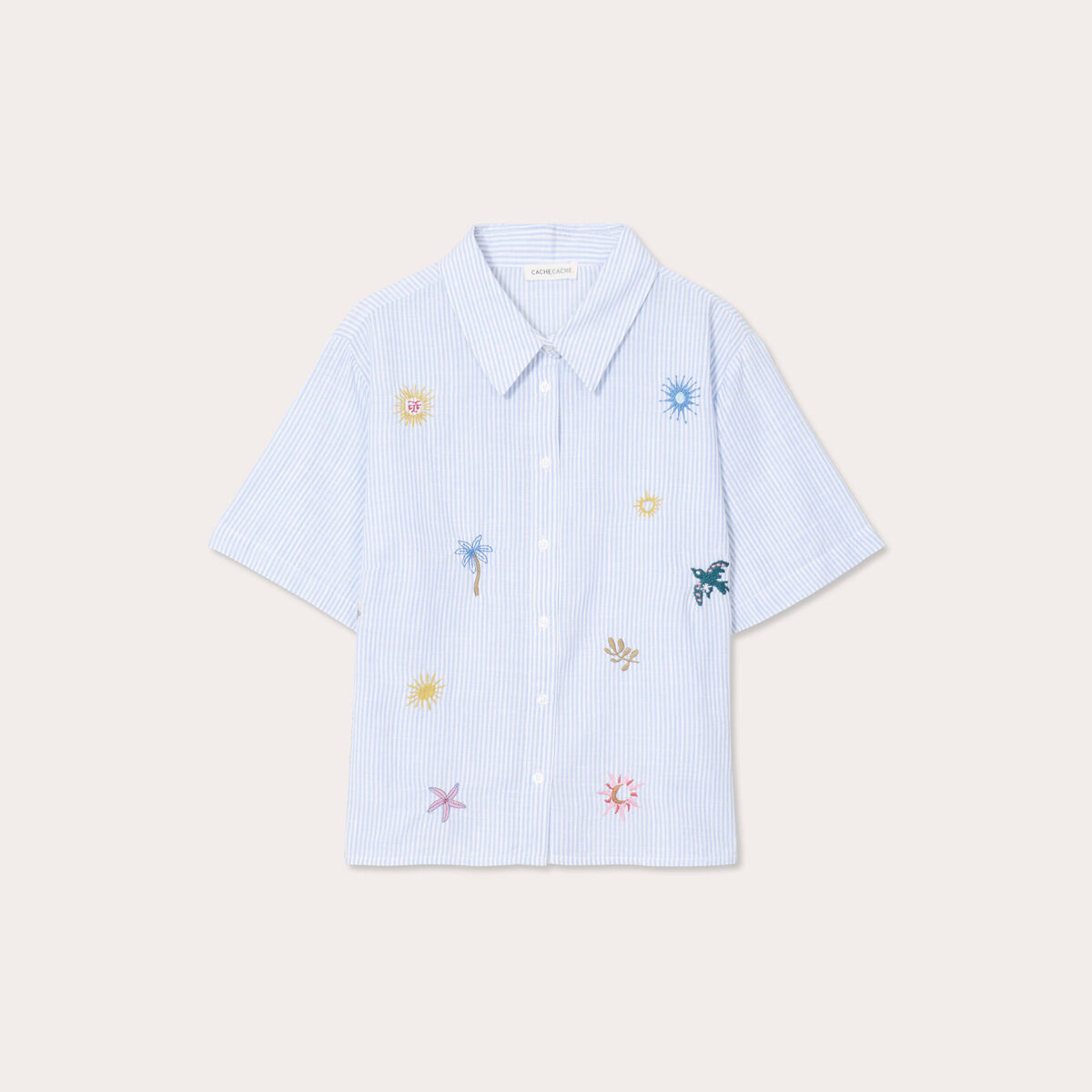 Chemise manches courtes brodée bleu femme