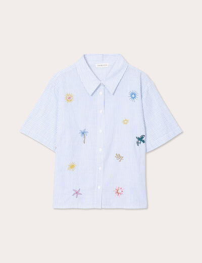 Chemise manches courtes brodée bleu femme