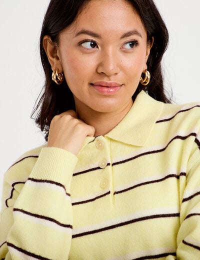 Polo manches longues col chemise jaune clair femme