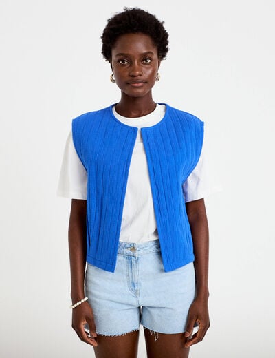 Gilet barman ample cropped pliss&eacute; bleu electrique femme