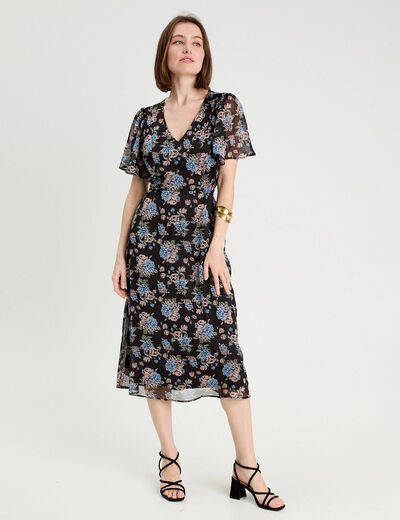 Robe midi évasée col en V noir femme