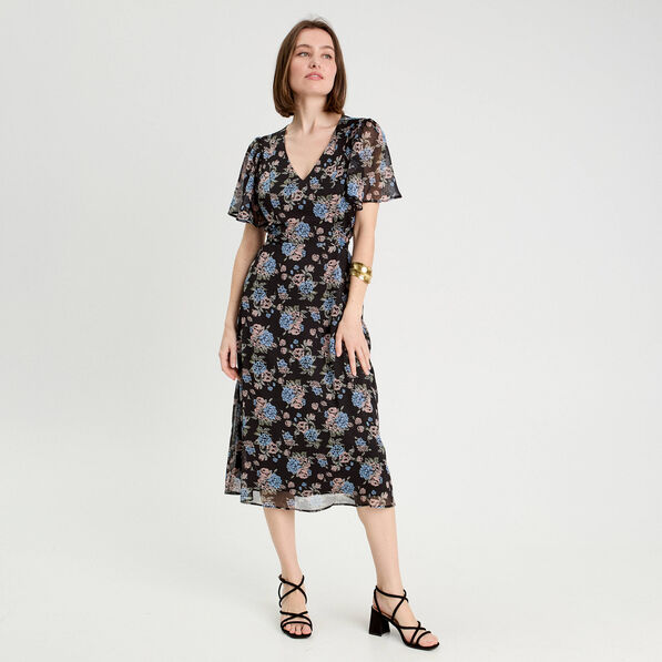 robe midi evasee col en v noir femme Robe midi évasée col en V noir femme